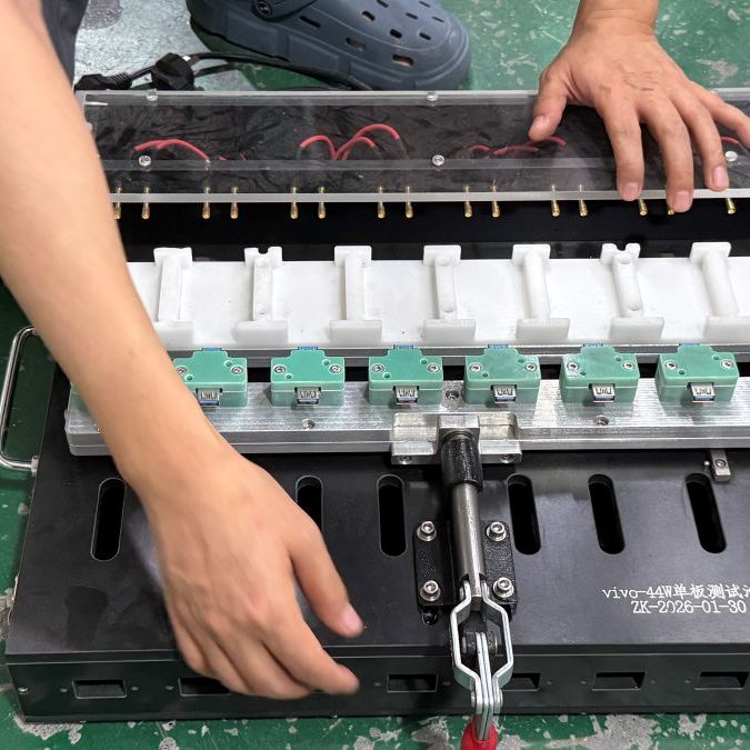 Multi‑station quick clamp test fixture, workshop scene for mass power board function performance testing