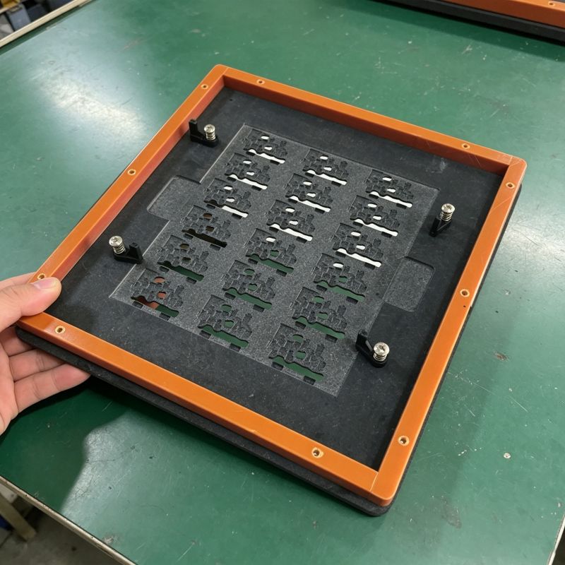 16-up matrix array SMT wave soldering fixture, black composite base with orange outer frame, matrix cavities for mass processing miniature PCBs