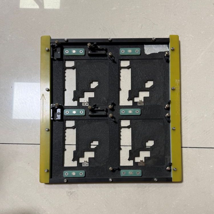 4-up quad cavity SMT wave soldering fixture with yellow fiberglass edge frame, four PCB cavities for simultaneous wave soldering processing