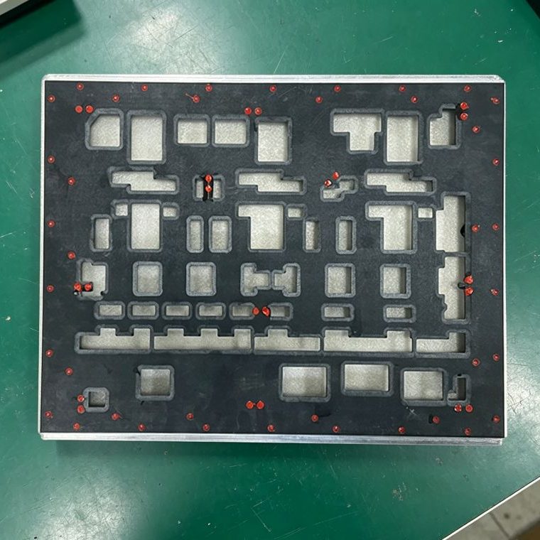 Aluminum frame wave soldering fixture with silicone cushion inserts, lightweight rigid wave solder mask for multi-size PCB assemblies