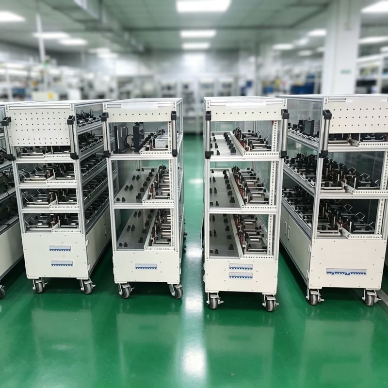 Aluminum profile multi-layer aging test racks in clean workshop for electronic burn-in test