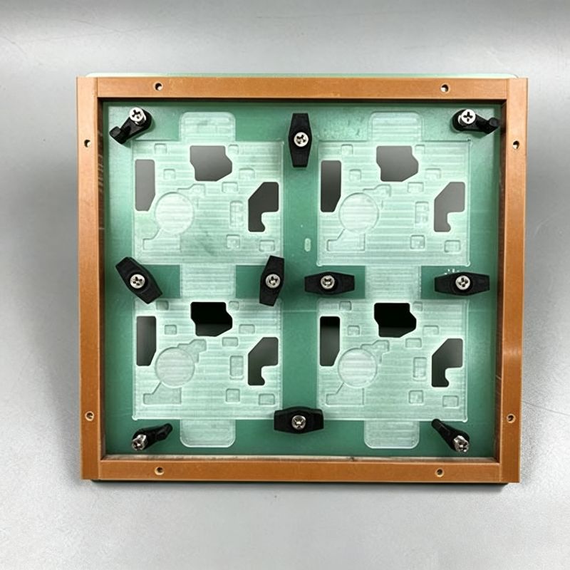Top view of bakelite frame 4-up wave soldering fixture with adjustable clamping screws for quad PCB panel wave soldering process