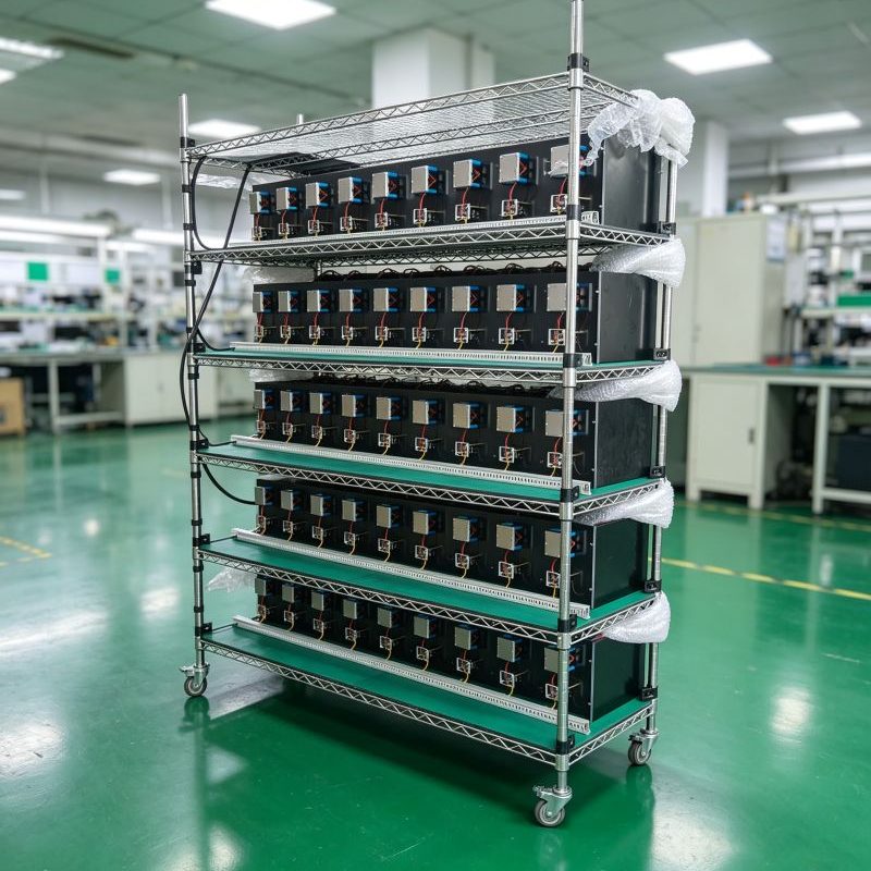 Multi-layer mobile rack battery aging test fixture in electronics workshop