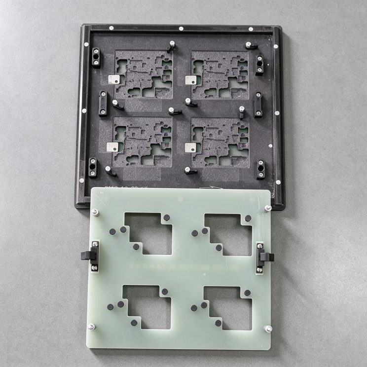 Dual-plate stackable wave soldering fixture set, fiberglass top plate and synthetic stone base plate for selective PCB wave soldering