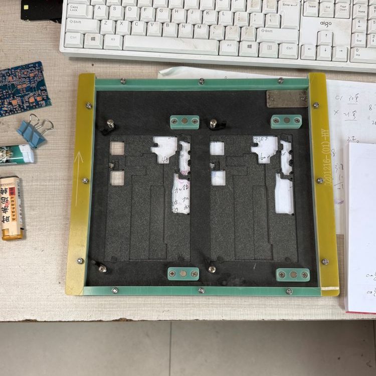 Fiberglass framed composite SMT wave fixture, black composite base with yellow fiberglass edge frame, dual cavities for two PCB panel wave soldering