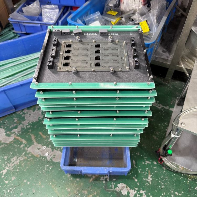 Green edge stackable SMT wave soldering fixture, composite carrier with full green fiberglass border, stackable vertical storage for workshop bulk jig inventory