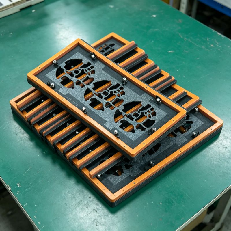 Long rectangular multi-cavity flip SMT fixture, elongated flip type composite jig with orange frame for multiple small PCB wave soldering