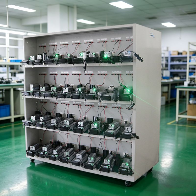 Lithium battery aging test rack full view, battery pack aging test fixture in electronics factory workshop