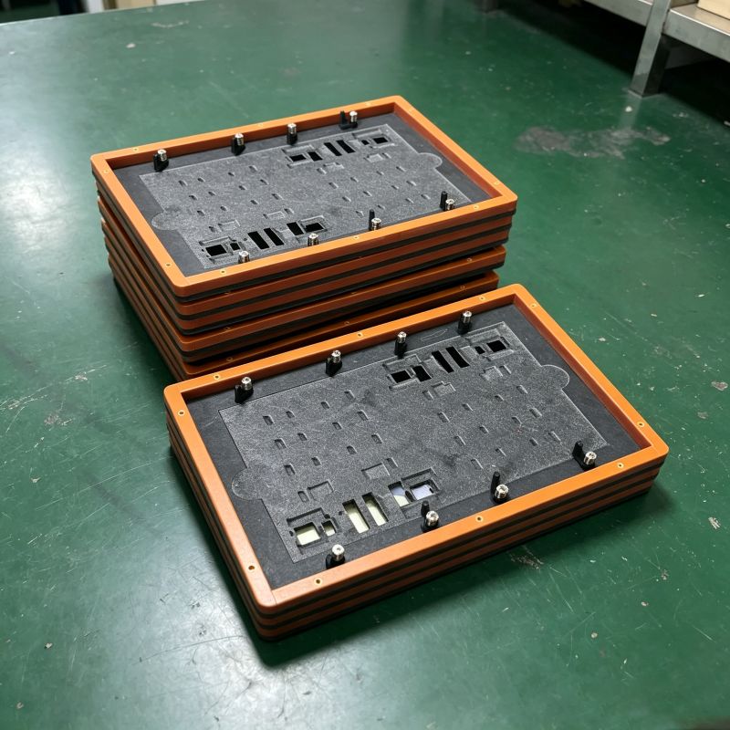 Multi-profile mixed cavity SMT wave soldering fixture with orange frame, multiple different shaped PCB cavities in one single jig for mixed board production