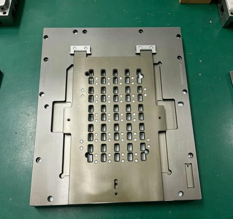 Slide type SMT selective soldering fixture, stainless steel outer frame with sliding inner plate and multiple precision cutout windows for PCB selective soldering