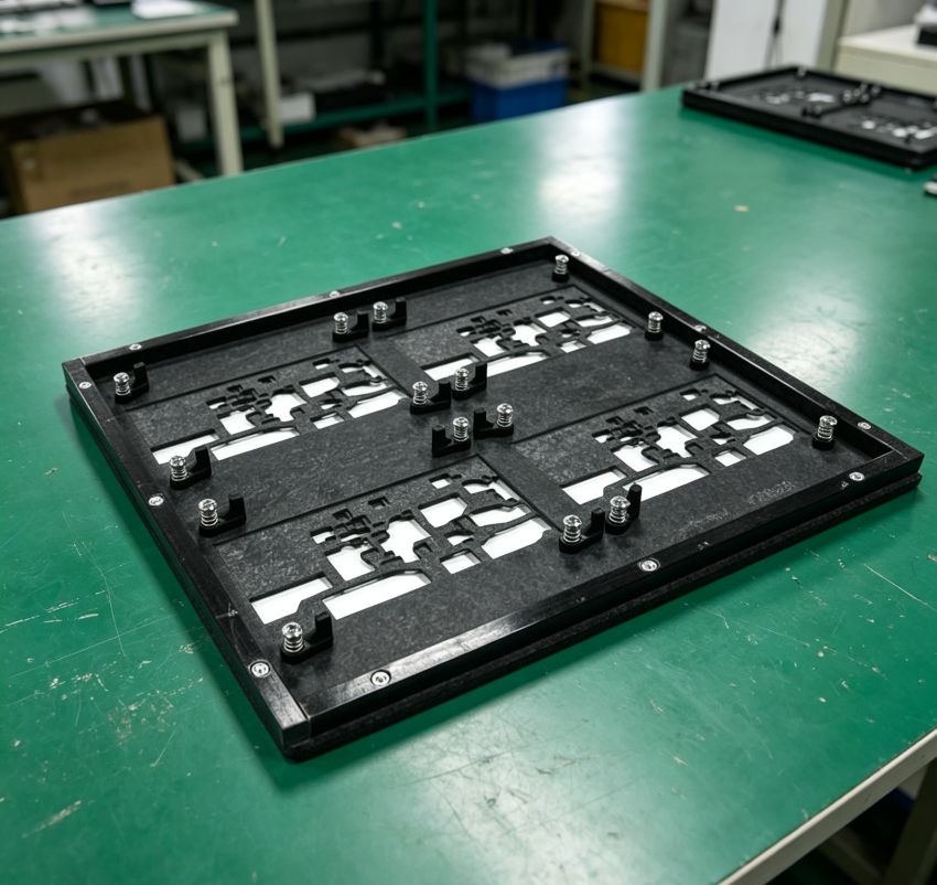 Spring clamp composite SMT wave soldering fixture, black composite plate with multiple spring pressure clamps to secure multi-up PCB panel for wave soldering