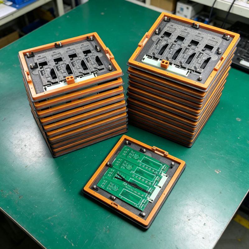 Stackable flip frame SMT wave soldering fixture with orange heat-resistant frame, stackable design for mass production PCB wave soldering