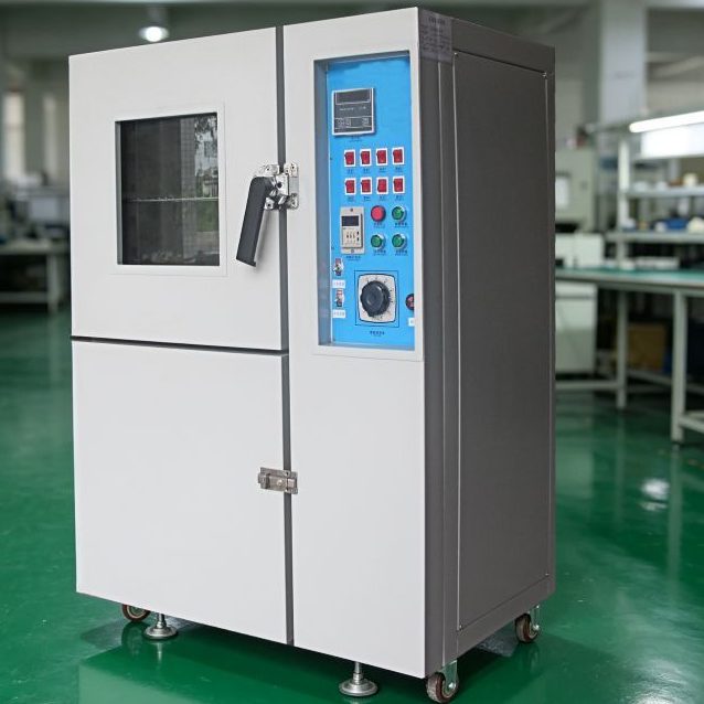 Closed thermal aging test chamber with control panel in electronics workshop