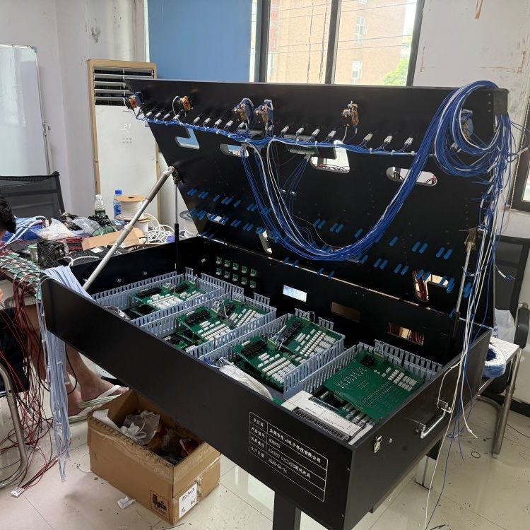 Internal assembly wiring view of custom 10‑station ATE‑compatible PCBA multi‑unit test fixture, signal routing for external ATE host connection