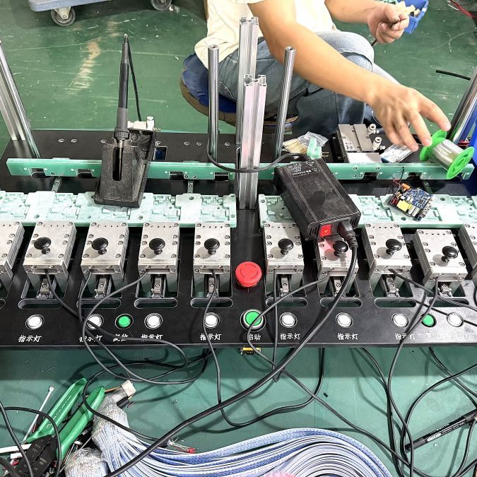 Top close‑up view of custom 10‑station PCBA ATE test fixture, multi‑position test cavities and front‑panel operation buttons