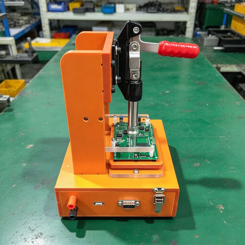 Benchtop manual toggle‑clamp PCBA programming fixture jig, built‑in USB RS232 port, desktop firmware burning jig for lab and small‑batch prototyping