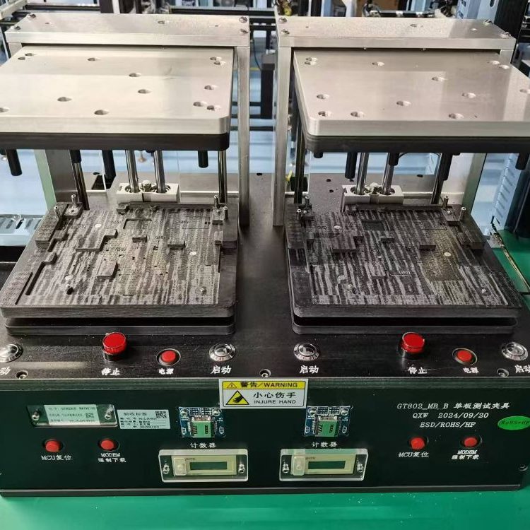 Dual‑station pneumatic PCBA programming fixture jig, dual‑board simultaneous MCU firmware burning test fixture with counter and reset button for electronics production line