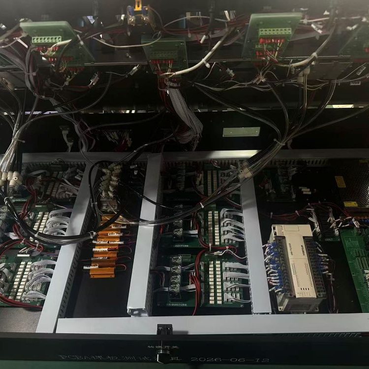 Internal wiring and signal interface board inside large multi‑station bare‑board PCBA test fixture for ATE host connection