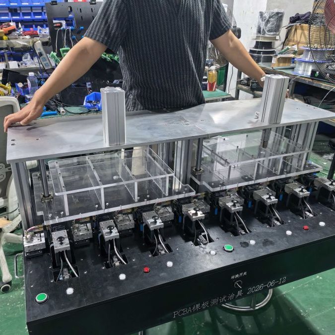 Large multi‑station pneumatic bare PCBA test fixture for mass‑production parallel testing