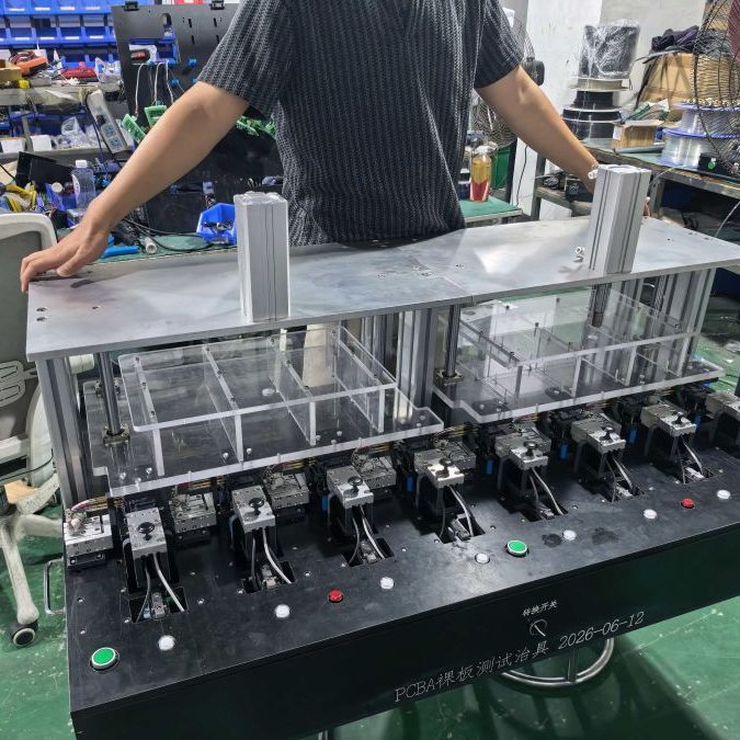 Side factory view of large multi‑station pneumatic bare‑board PCBA test fixture showing pneumatic pressing assembly and multi‑station positioning bases
