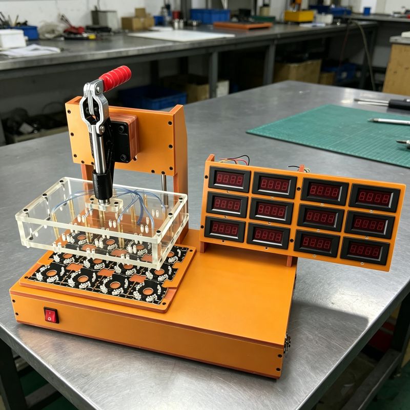 Multi‑channel digital‑display PCBA programming fixture jig, manual toggle‑clamp pogo‑pin burning and parameter‑reading jig for multi‑unit PCB batch programming