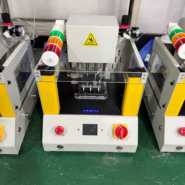 Pneumatic PCBA programming fixture jig equipped with safety light curtain, tower‑lamp status indicator, emergency‑stop button for factory workshop firmware burning
